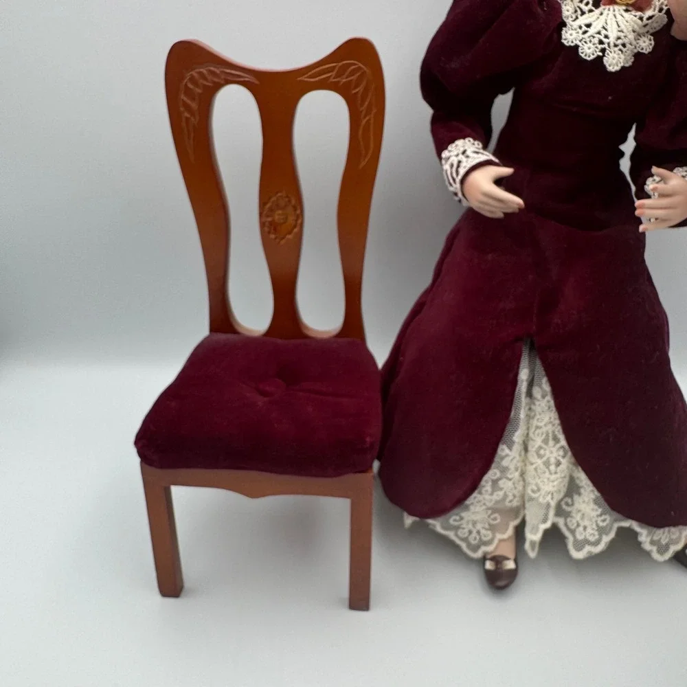 Vintage‎ Porcelain Doll Victorian Burgundy Velvet Dress Floral Hairpiece W Chair